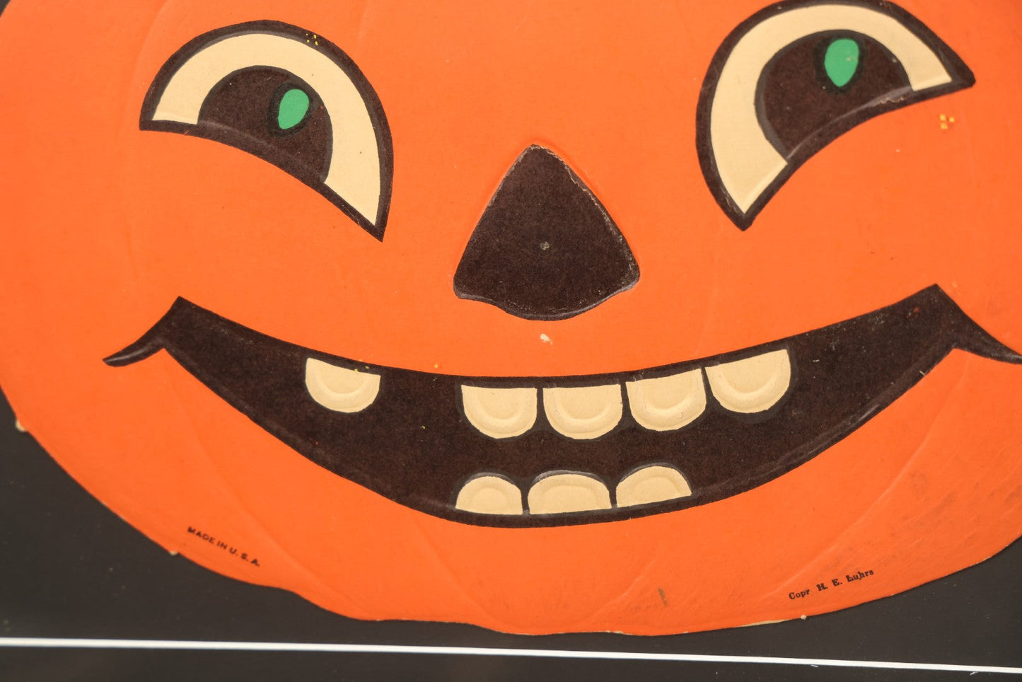 Lot 015 - Antique Halloween Pumpkin Jack-O-Lantern J.O.L. By H.E. Luhrs Embossed Cardboard Paper Halloween Decoration, Made In U.S.A., In Custom Frame, 17-1/4" x 14-3/8"