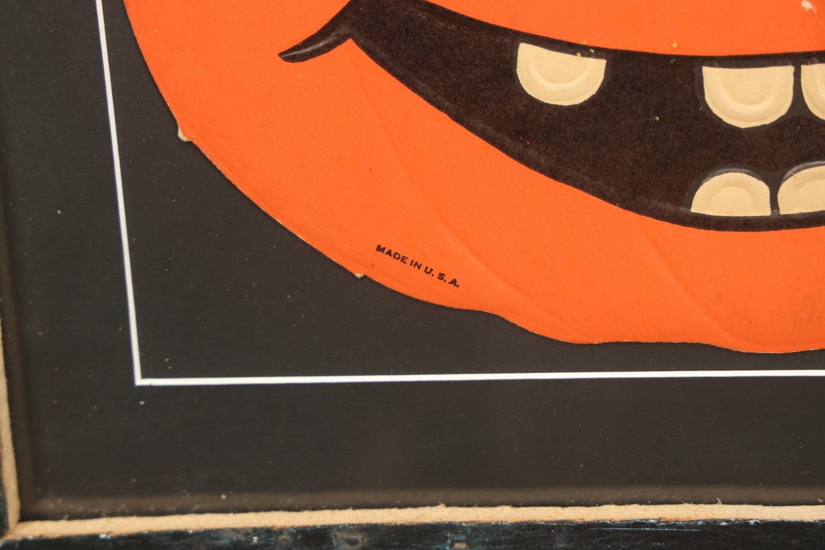 Lot 015 - Antique Halloween Pumpkin Jack-O-Lantern J.O.L. By H.E. Luhrs Embossed Cardboard Paper Halloween Decoration, Made In U.S.A., In Custom Frame, 17-1/4" x 14-3/8"