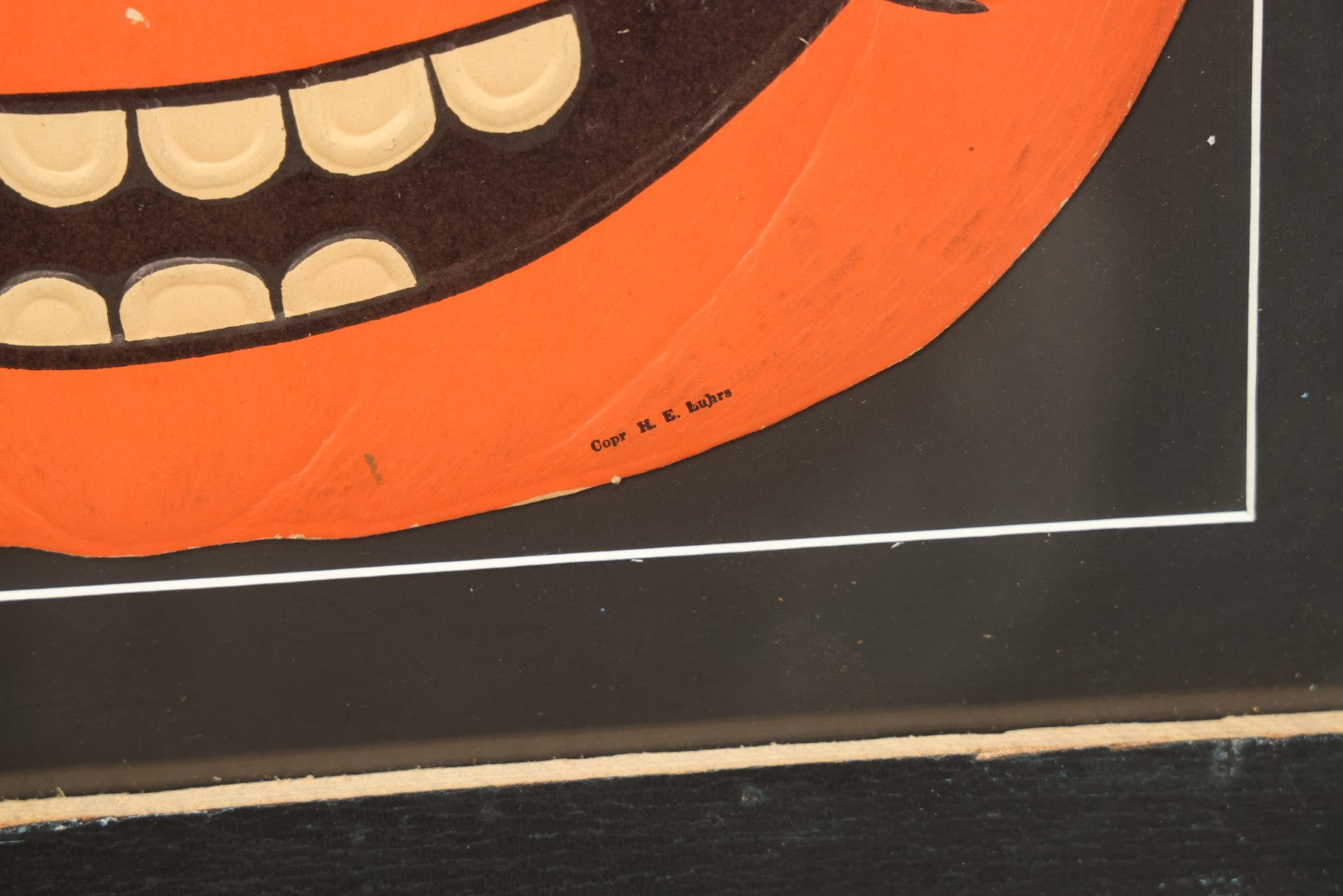 Lot 015 - Antique Halloween Pumpkin Jack-O-Lantern J.O.L. By H.E. Luhrs Embossed Cardboard Paper Halloween Decoration, Made In U.S.A., In Custom Frame, 17-1/4" x 14-3/8"