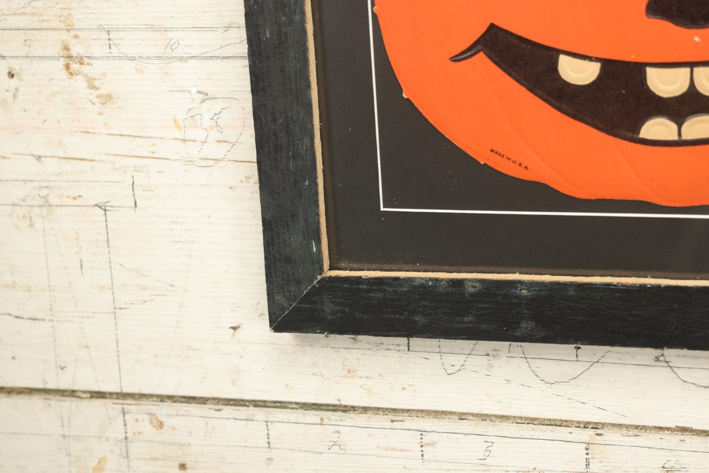 Lot 015 - Antique Halloween Pumpkin Jack-O-Lantern J.O.L. By H.E. Luhrs Embossed Cardboard Paper Halloween Decoration, Made In U.S.A., In Custom Frame, 17-1/4" x 14-3/8"