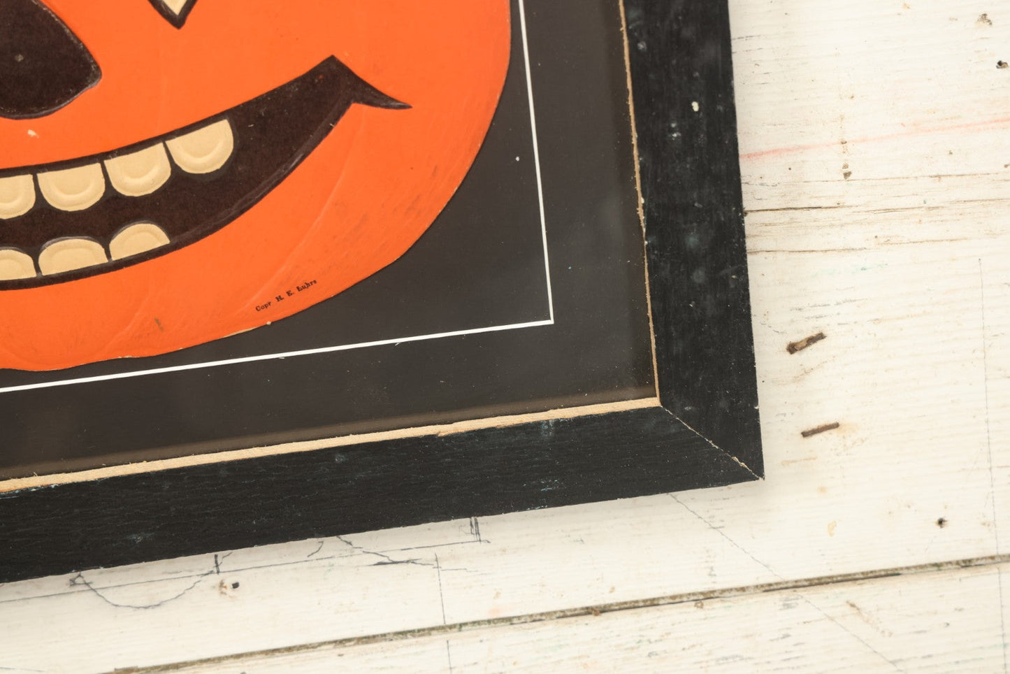 Lot 015 - Antique Halloween Pumpkin Jack-O-Lantern J.O.L. By H.E. Luhrs Embossed Cardboard Paper Halloween Decoration, Made In U.S.A., In Custom Frame, 17-1/4" x 14-3/8"