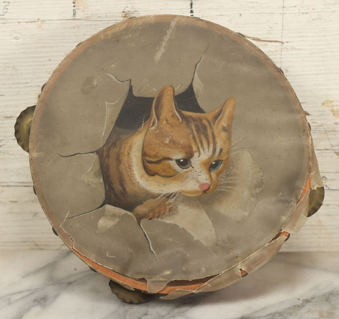 Lot 018 - Antique Hand Painted Kitten Cat Tambourine, As Found, Note Tears, Wear, 8" Diameter