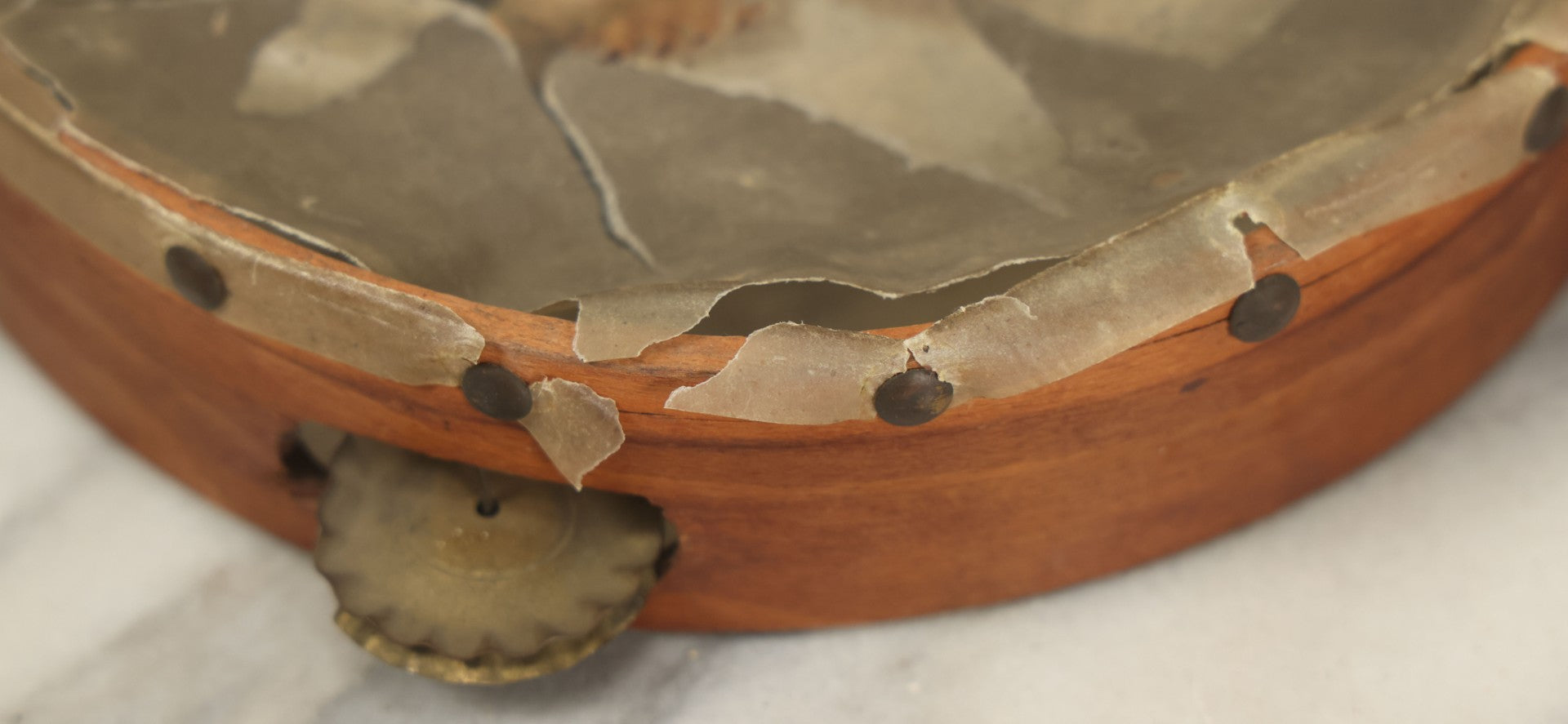 Lot 018 - Antique Hand Painted Kitten Cat Tambourine, As Found, Note Tears, Wear, 8" Diameter