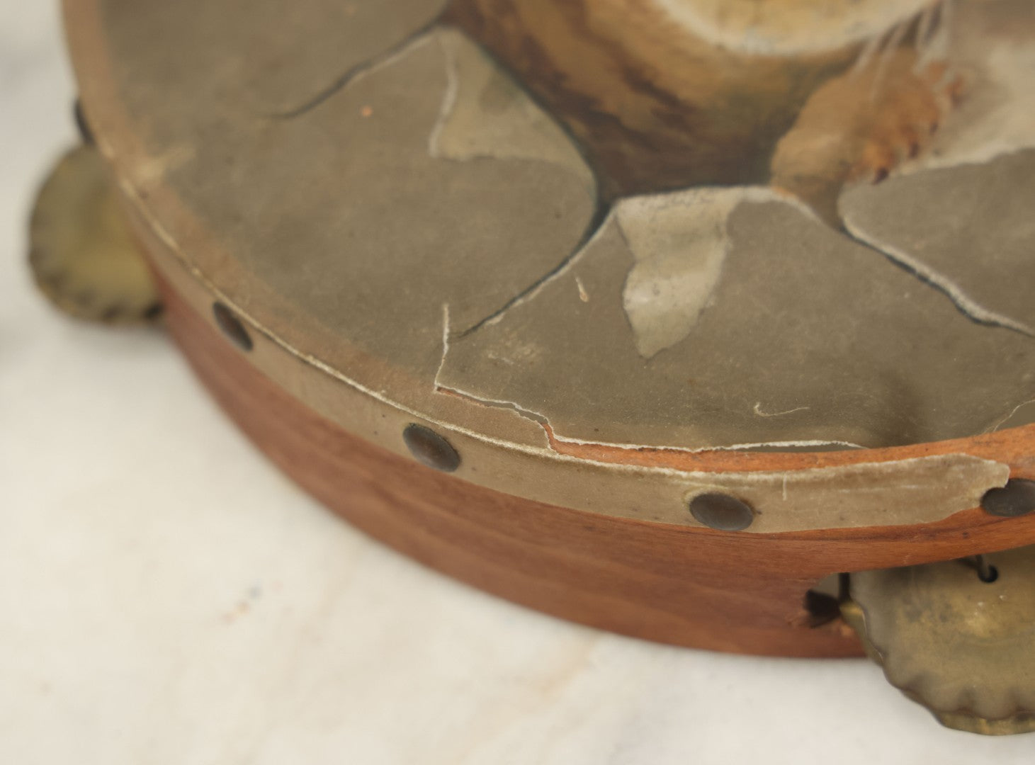 Lot 018 - Antique Hand Painted Kitten Cat Tambourine, As Found, Note Tears, Wear, 8" Diameter