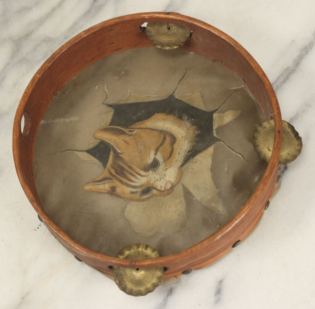 Lot 018 - Antique Hand Painted Kitten Cat Tambourine, As Found, Note Tears, Wear, 8" Diameter