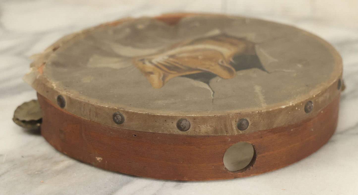 Lot 018 - Antique Hand Painted Kitten Cat Tambourine, As Found, Note Tears, Wear, 8" Diameter