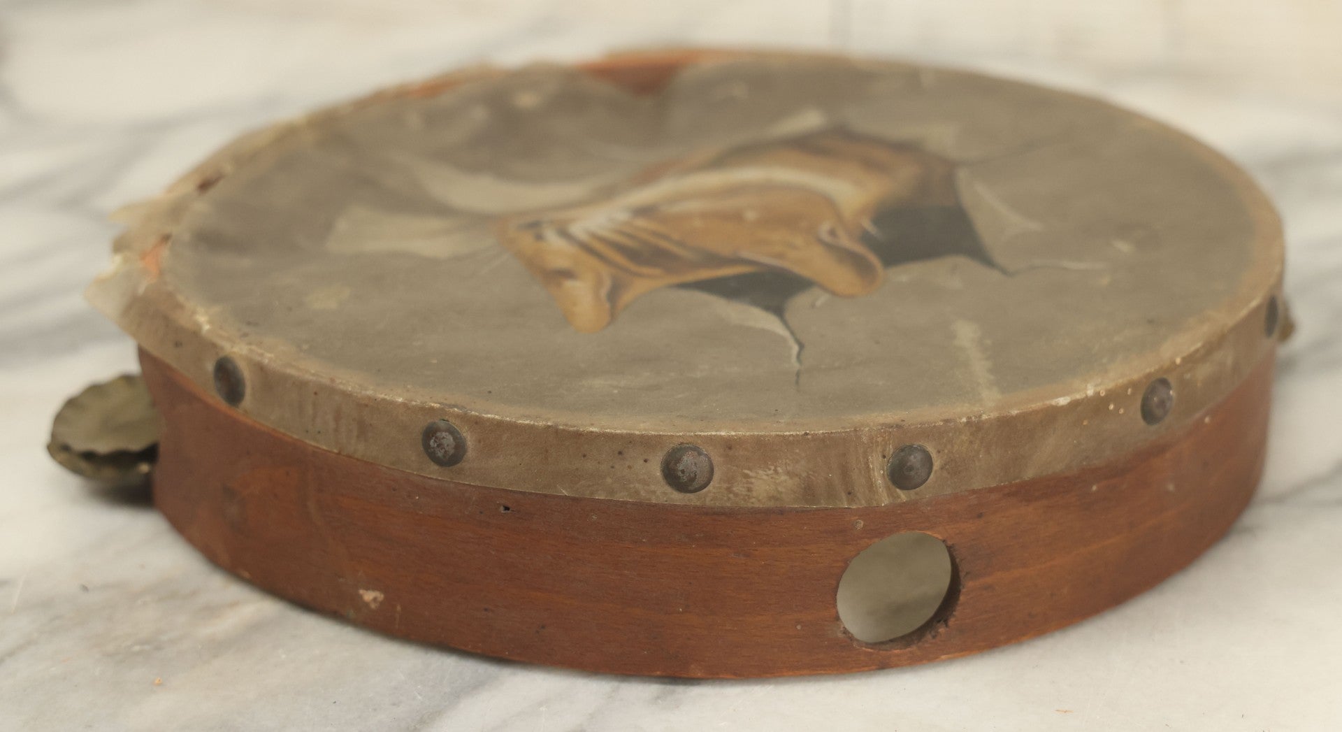 Lot 018 - Antique Hand Painted Kitten Cat Tambourine, As Found, Note Tears, Wear, 8" Diameter