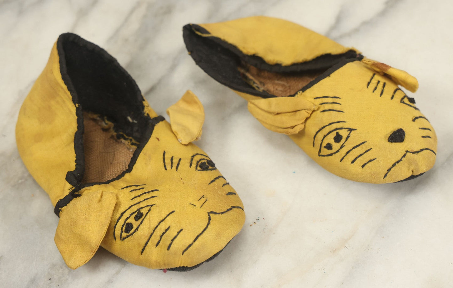 Lot 019 - Pair Of Antique Folk Art Homemade Kitten Cat Yellow Fabric Child's Slipper, Hand Stitched, Circa 1920