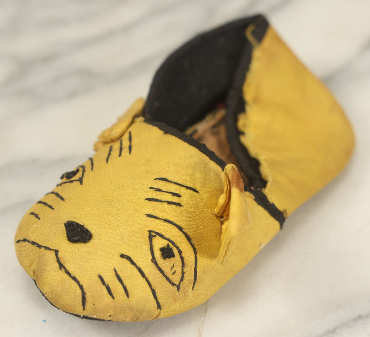 Lot 019 - Pair Of Antique Folk Art Homemade Kitten Cat Yellow Fabric Child's Slipper, Hand Stitched, Circa 1920