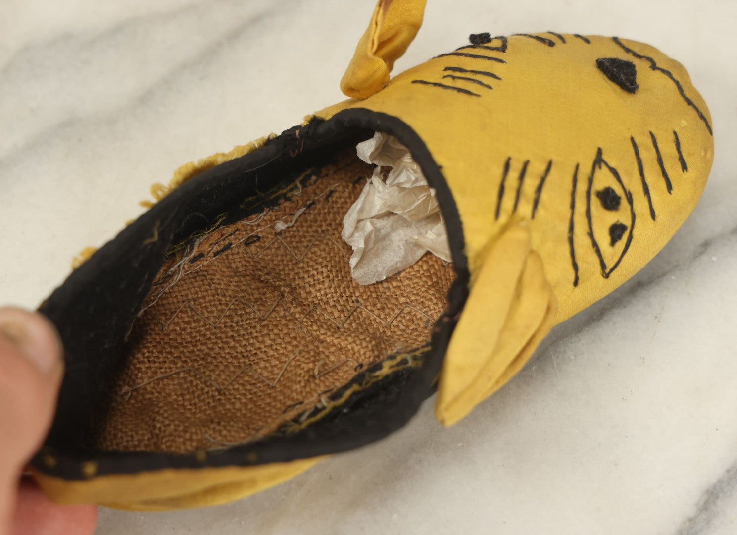Lot 019 - Pair Of Antique Folk Art Homemade Kitten Cat Yellow Fabric Child's Slipper, Hand Stitched, Circa 1920