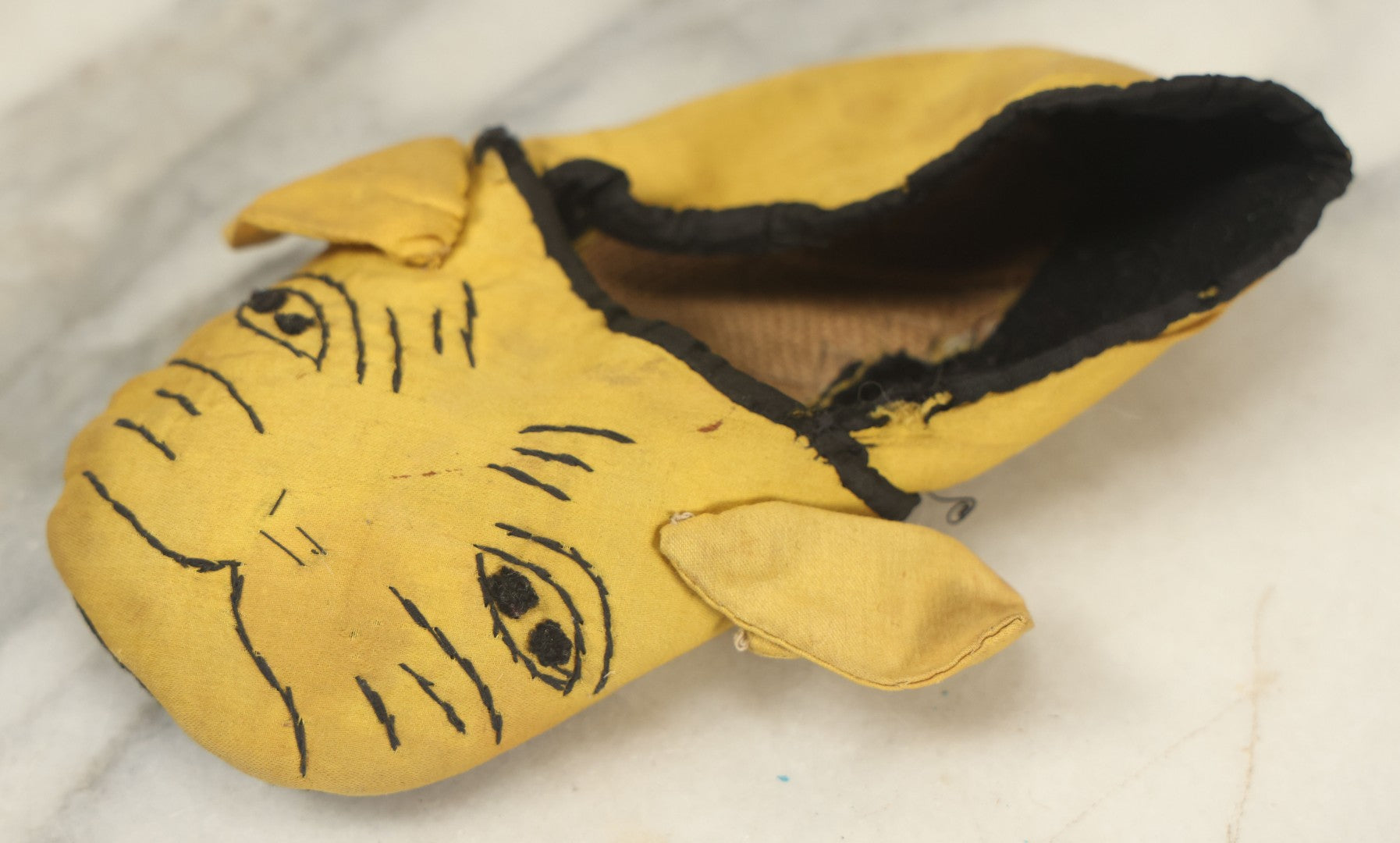 Lot 019 - Pair Of Antique Folk Art Homemade Kitten Cat Yellow Fabric Child's Slipper, Hand Stitched, Circa 1920