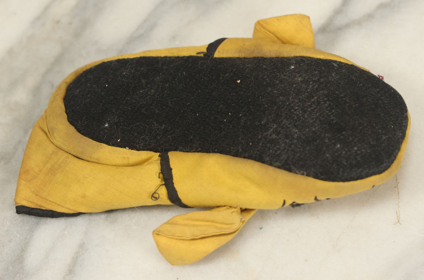 Lot 019 - Pair Of Antique Folk Art Homemade Kitten Cat Yellow Fabric Child's Slipper, Hand Stitched, Circa 1920