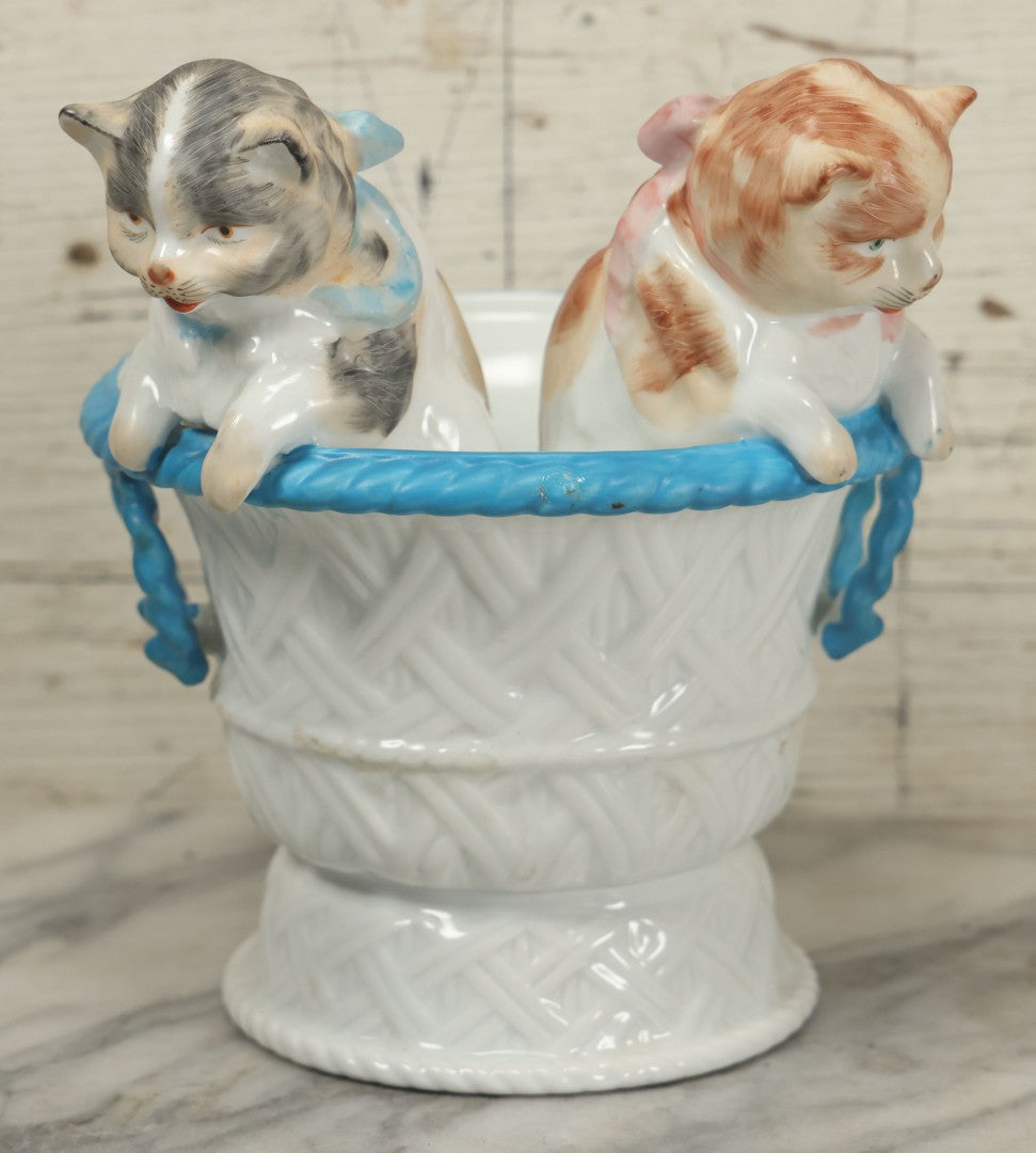 Lot 020 - Antique Kittens In Basket Porcelain Dish Vase With Crossed Swords Hallmark