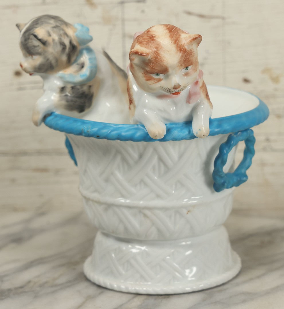Lot 020 - Antique Kittens In Basket Porcelain Dish Vase With Crossed Swords Hallmark