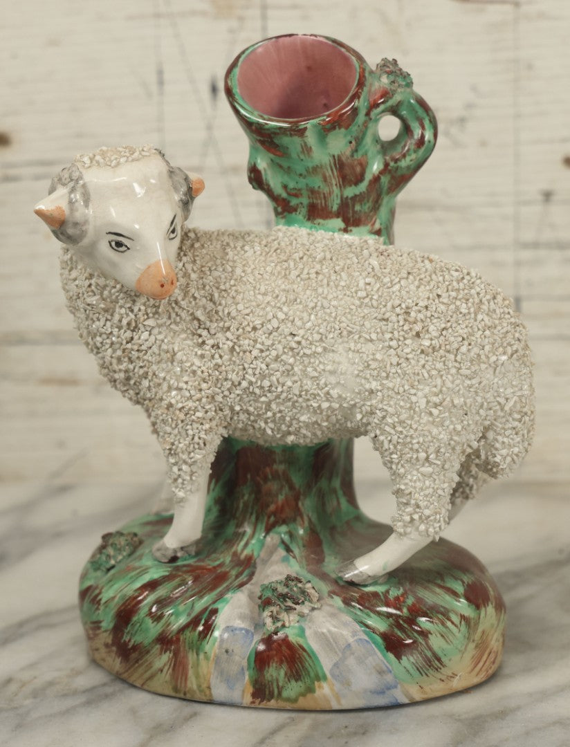 Lot 021 - Antique Staffordshire Ram Porcelain Spill Vase Bud Vase, 7-1/2" Height