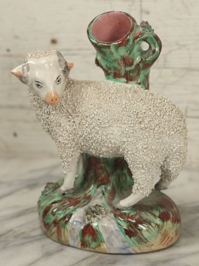 Lot 021 - Antique Staffordshire Ram Porcelain Spill Vase Bud Vase, 7-1/2" Height