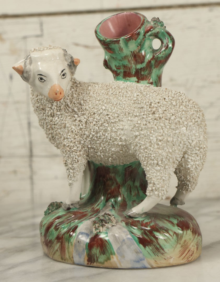 Lot 021 - Antique Staffordshire Ram Porcelain Spill Vase Bud Vase, 7-1/2" Height