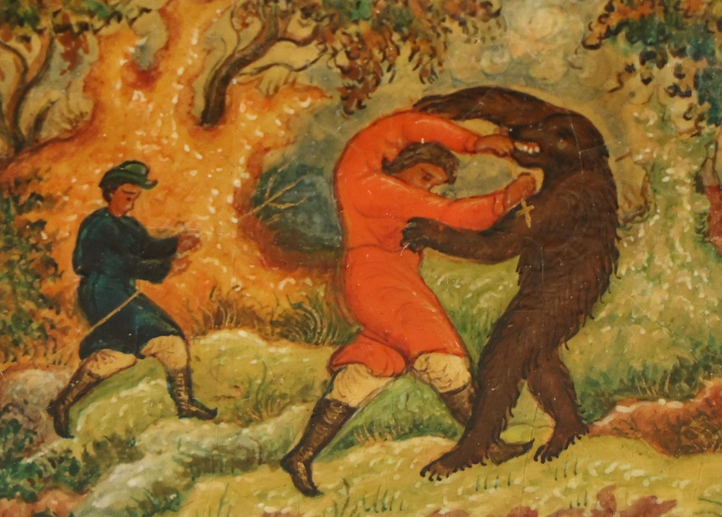 Lot 022 - Vintage Hand Painted Russian Lacquer Box Depicting Russian Legend "Ivan Tsarevich And The Bear," Man Fighting Bear With Fire In Background, Dated 1933, Accompanying Note States Earlier Date, Artist Signed