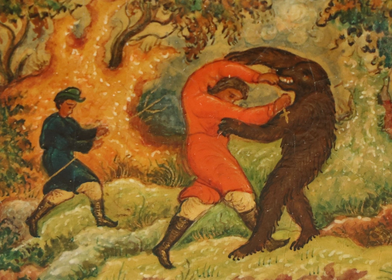 Lot 022 - Vintage Hand Painted Russian Lacquer Box Depicting Russian Legend "Ivan Tsarevich And The Bear," Man Fighting Bear With Fire In Background, Dated 1933, Accompanying Note States Earlier Date, Artist Signed