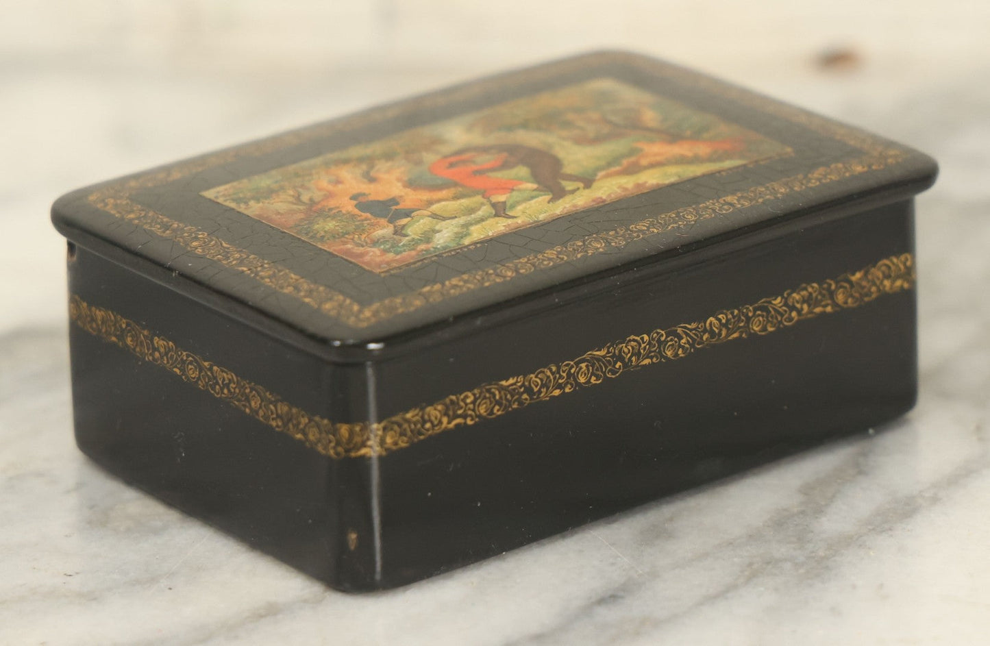 Lot 022 - Vintage Hand Painted Russian Lacquer Box Depicting Russian Legend "Ivan Tsarevich And The Bear," Man Fighting Bear With Fire In Background, Dated 1933, Accompanying Note States Earlier Date, Artist Signed