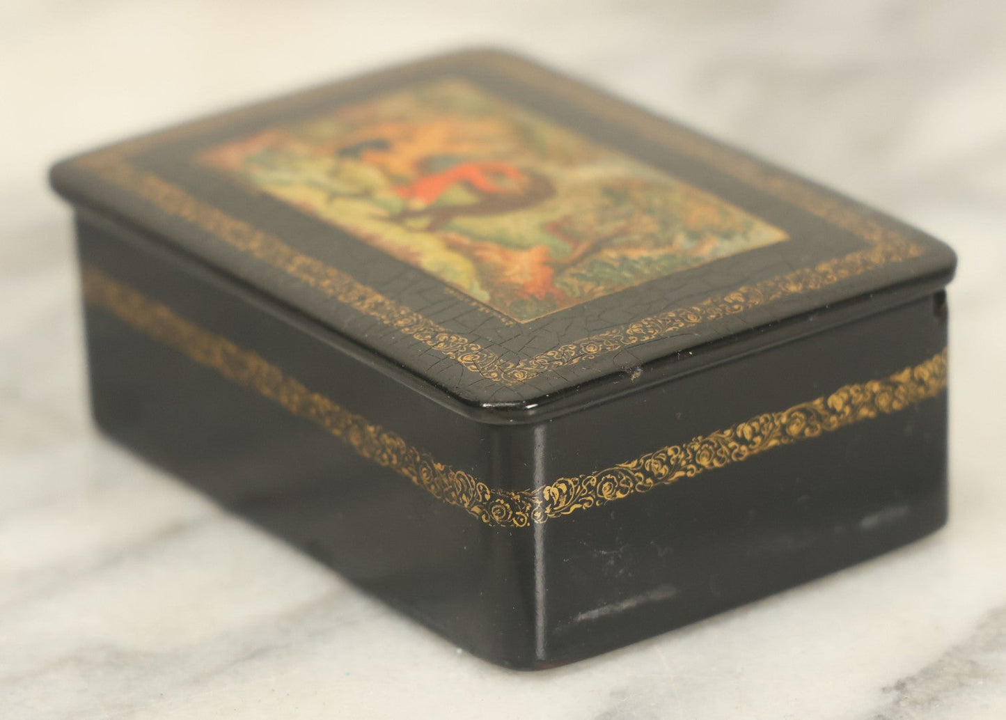 Lot 022 - Vintage Hand Painted Russian Lacquer Box Depicting Russian Legend "Ivan Tsarevich And The Bear," Man Fighting Bear With Fire In Background, Dated 1933, Accompanying Note States Earlier Date, Artist Signed
