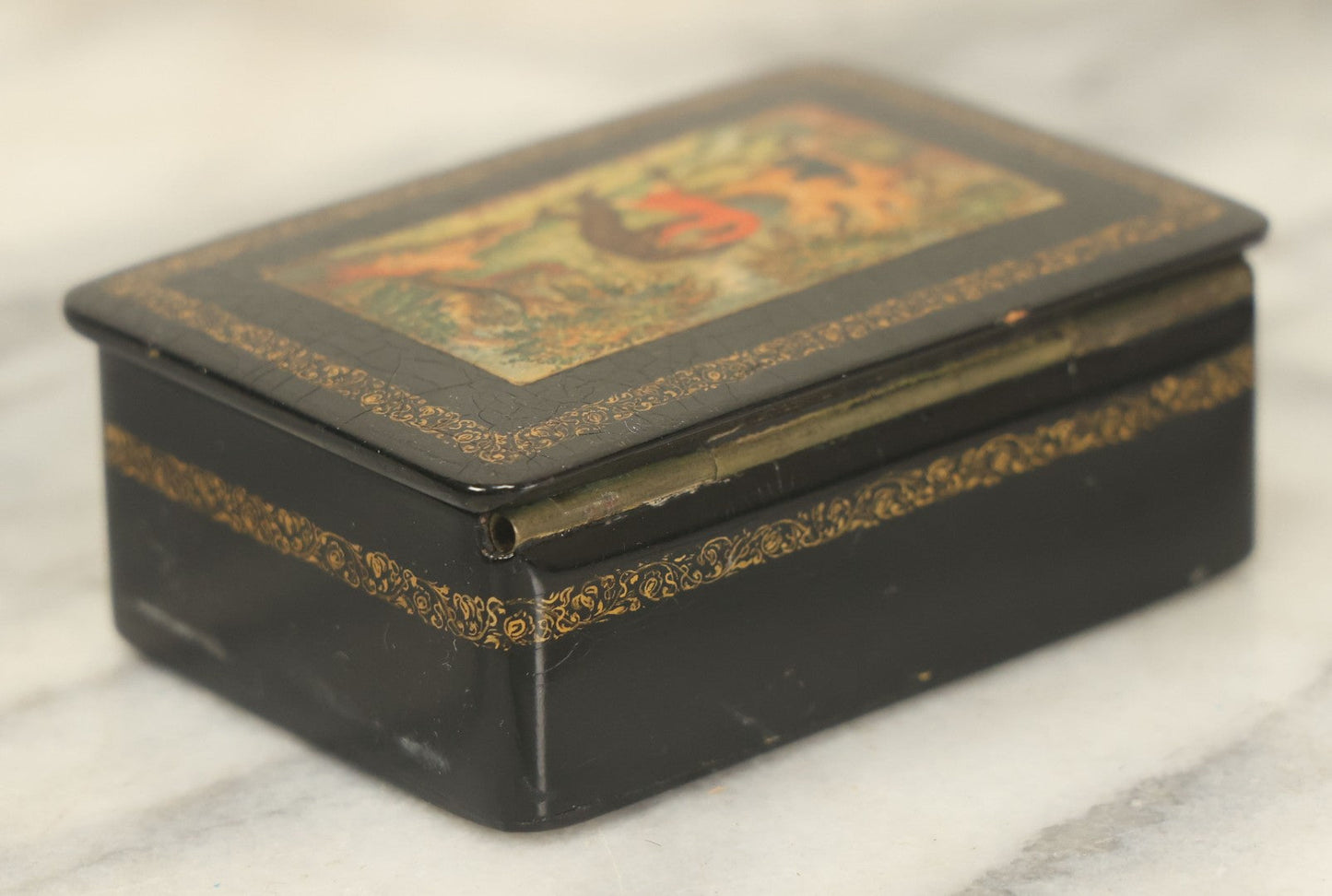 Lot 022 - Vintage Hand Painted Russian Lacquer Box Depicting Russian Legend "Ivan Tsarevich And The Bear," Man Fighting Bear With Fire In Background, Dated 1933, Accompanying Note States Earlier Date, Artist Signed