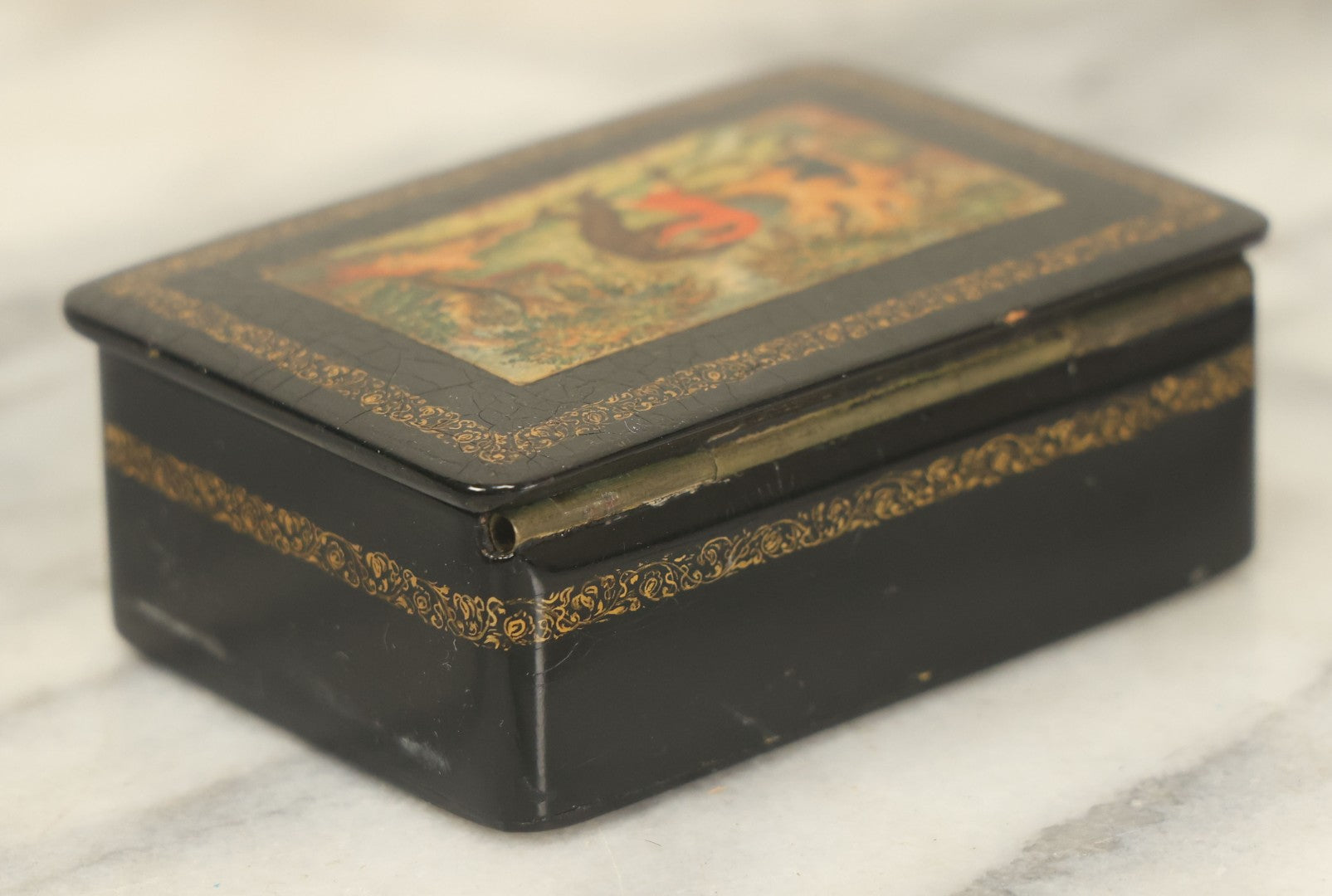 Lot 022 - Vintage Hand Painted Russian Lacquer Box Depicting Russian Legend "Ivan Tsarevich And The Bear," Man Fighting Bear With Fire In Background, Dated 1933, Accompanying Note States Earlier Date, Artist Signed