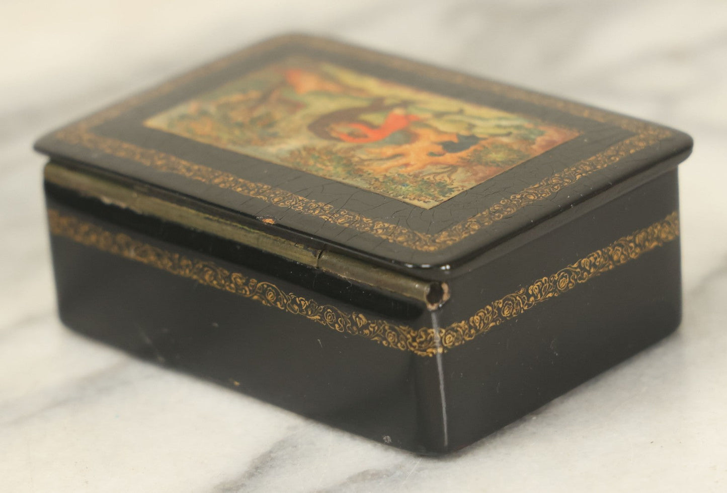 Lot 022 - Vintage Hand Painted Russian Lacquer Box Depicting Russian Legend "Ivan Tsarevich And The Bear," Man Fighting Bear With Fire In Background, Dated 1933, Accompanying Note States Earlier Date, Artist Signed
