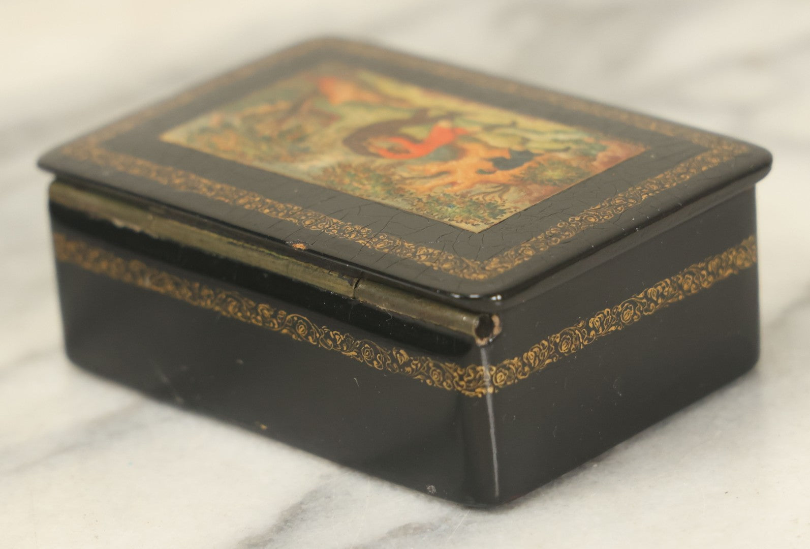 Lot 022 - Vintage Hand Painted Russian Lacquer Box Depicting Russian Legend "Ivan Tsarevich And The Bear," Man Fighting Bear With Fire In Background, Dated 1933, Accompanying Note States Earlier Date, Artist Signed