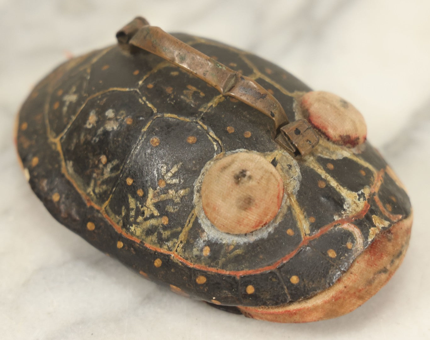Lot 023 - Antique Folk Art Hand Painted Handmade Turtle Shell Pin Cushion With Handle, Painted Details