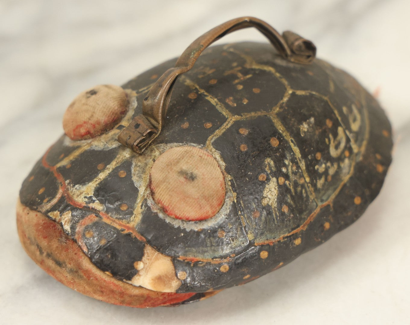 Lot 023 - Antique Folk Art Hand Painted Handmade Turtle Shell Pin Cushion With Handle, Painted Details