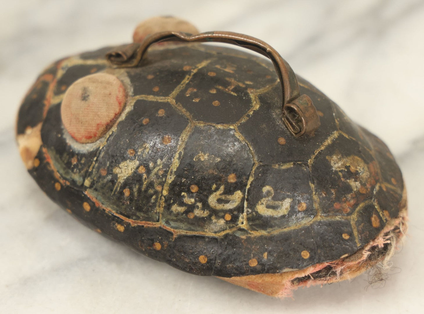 Lot 023 - Antique Folk Art Hand Painted Handmade Turtle Shell Pin Cushion With Handle, Painted Details