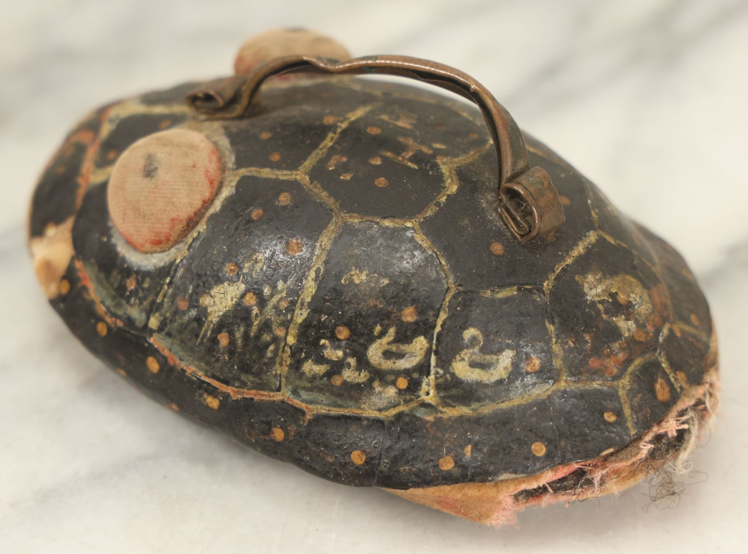 Lot 023 - Antique Folk Art Hand Painted Handmade Turtle Shell Pin Cushion With Handle, Painted Details