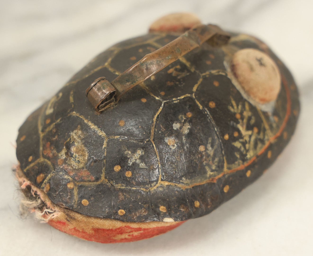 Lot 023 - Antique Folk Art Hand Painted Handmade Turtle Shell Pin Cushion With Handle, Painted Details