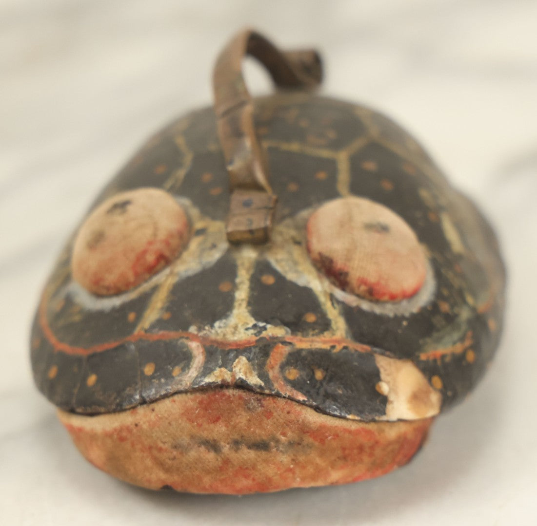 Lot 023 - Antique Folk Art Hand Painted Handmade Turtle Shell Pin Cushion With Handle, Painted Details