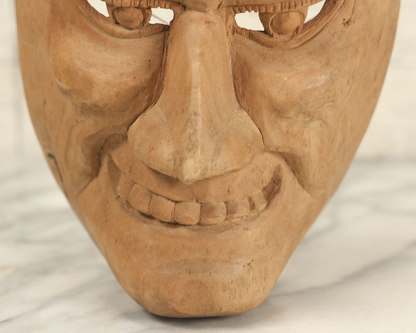 Lot 024 - Vintage Folk Art Hand Carved Mask With Sinister Grin, Toothy Smile, Approximately 9" x 7"