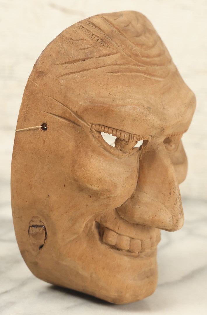 Lot 024 - Vintage Folk Art Hand Carved Mask With Sinister Grin, Toothy Smile, Approximately 9" x 7"