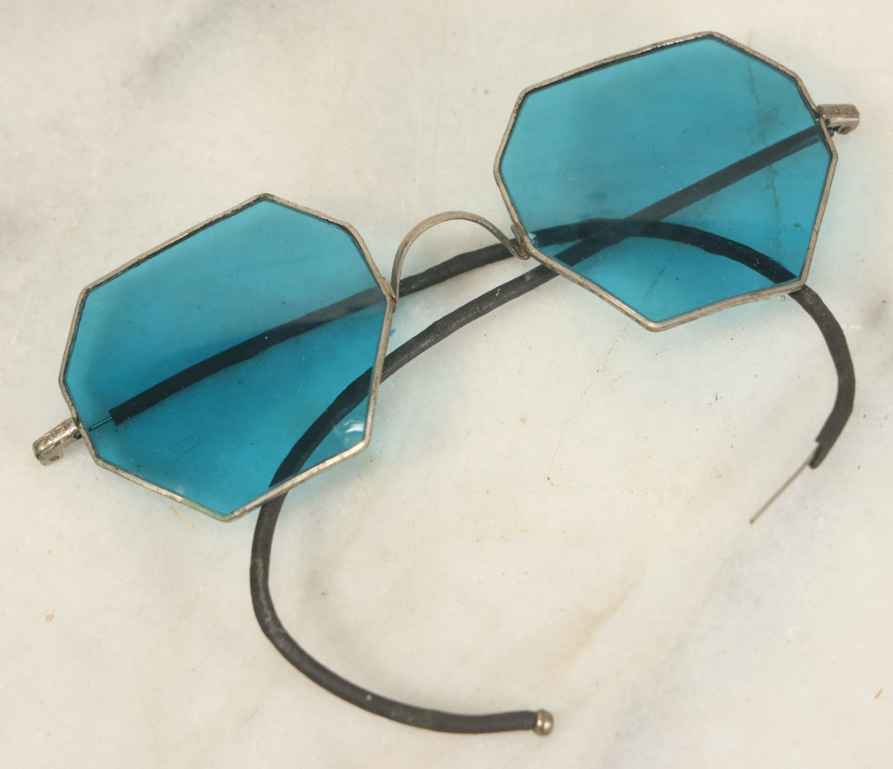 Lot 028 - Antique Aqua Blue Glass Octagon Sunglasses, Marked Willson, Note Chip
