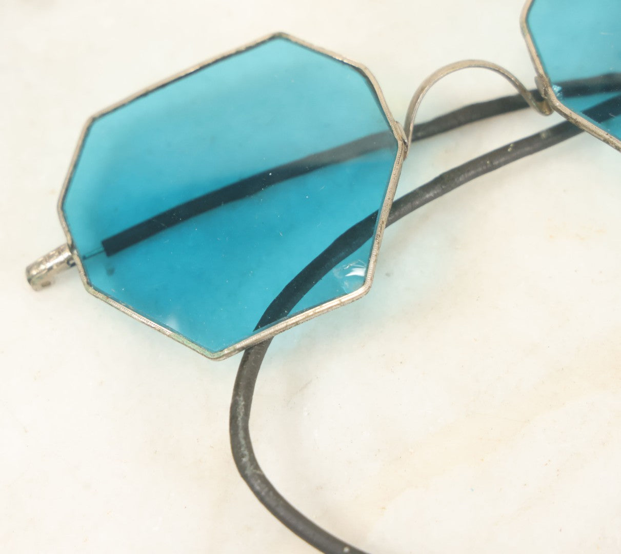 Lot 028 - Antique Aqua Blue Glass Octagon Sunglasses, Marked Willson, Note Chip