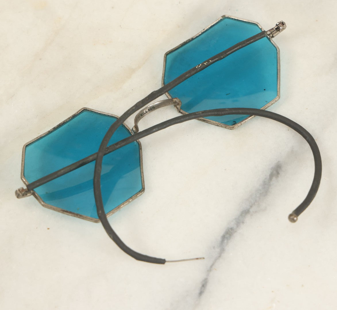 Lot 028 - Antique Aqua Blue Glass Octagon Sunglasses, Marked Willson, Note Chip