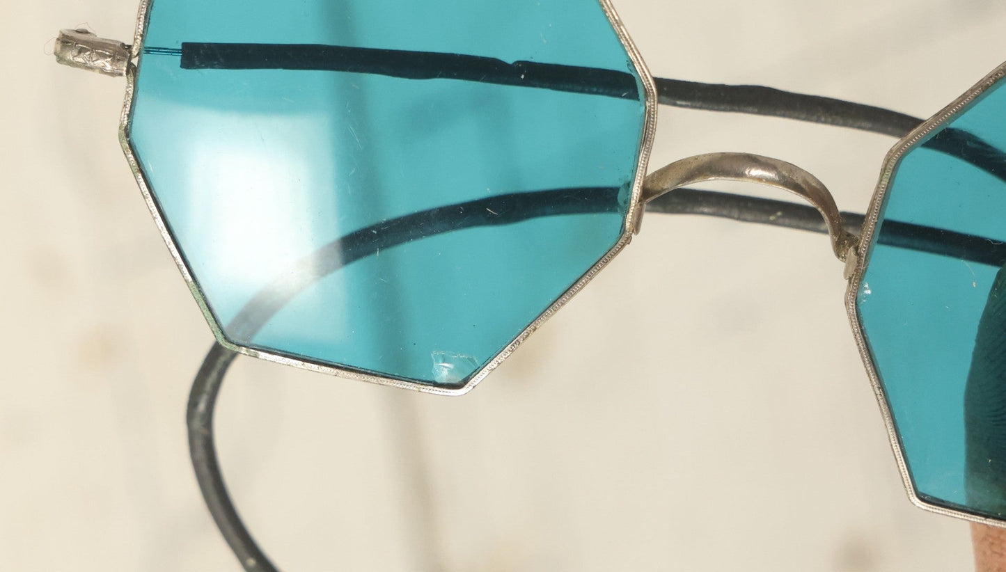 Lot 028 - Antique Aqua Blue Glass Octagon Sunglasses, Marked Willson, Note Chip