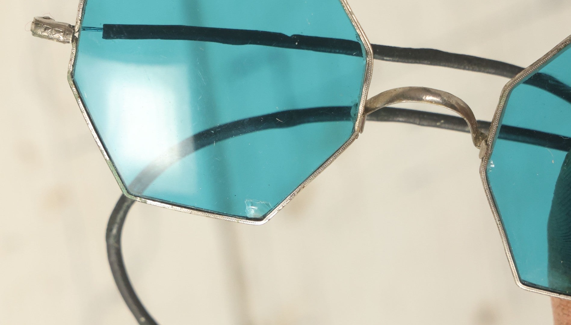 Lot 028 - Antique Aqua Blue Glass Octagon Sunglasses, Marked Willson, Note Chip