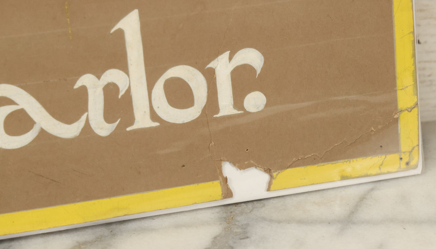 Lot 032 - Vintage Hand Painted Pool Hall Sign On Press Board, "Players Asked To Keep One Foot In Pool Parlor," Note Losses, Wear, Wrapped With Backing Board, 24-1/4" x 11-1/4"