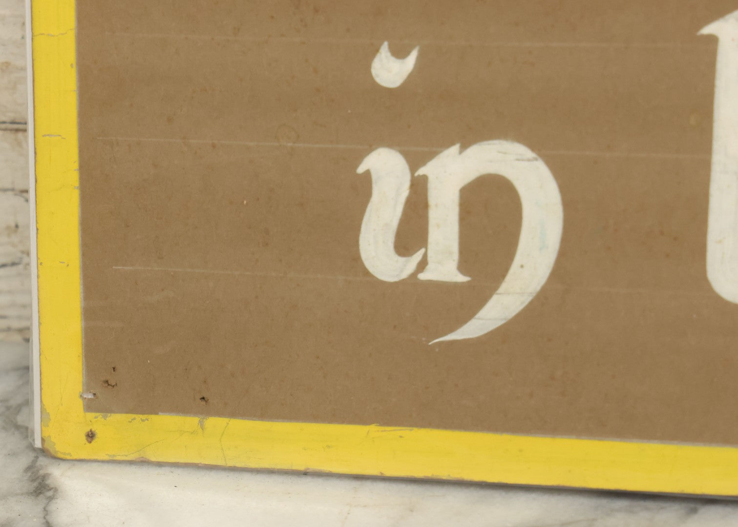 Lot 032 - Vintage Hand Painted Pool Hall Sign On Press Board, "Players Asked To Keep One Foot In Pool Parlor," Note Losses, Wear, Wrapped With Backing Board, 24-1/4" x 11-1/4"