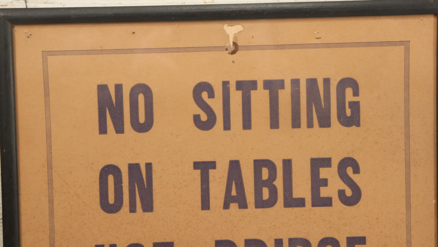 Lot 033 - Vintage Printed Pool Hall Sign On Press Board, "No Sitting On Tables, Use Bridge," Note Wear, In Frame, 14-7/8" x 11-3/8"