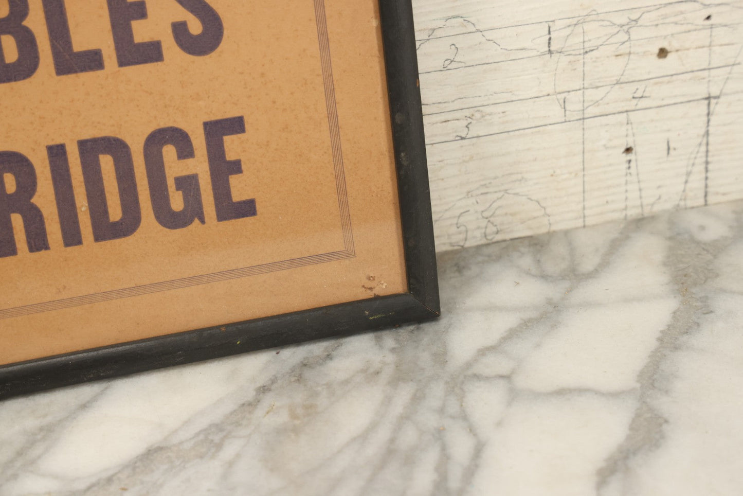 Lot 033 - Vintage Printed Pool Hall Sign On Press Board, "No Sitting On Tables, Use Bridge," Note Wear, In Frame, 14-7/8" x 11-3/8"