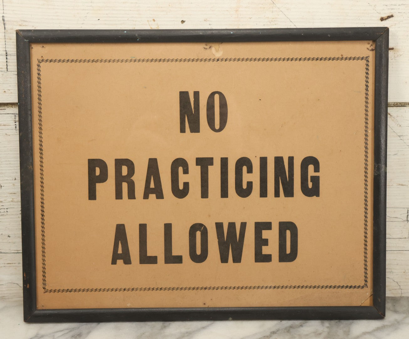 Lot 034 - Vintage Printed Pool Hall Sign On Press Board, "No Practicing Allowed," Note Wear, In Frame, 14-7/8" x 11-3/8"
