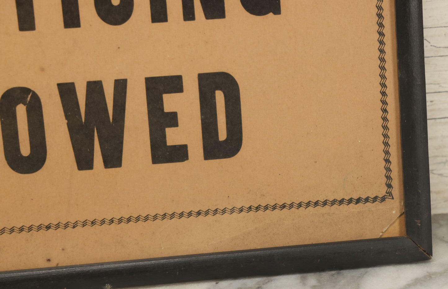 Lot 034 - Vintage Printed Pool Hall Sign On Press Board, "No Practicing Allowed," Note Wear, In Frame, 14-7/8" x 11-3/8"