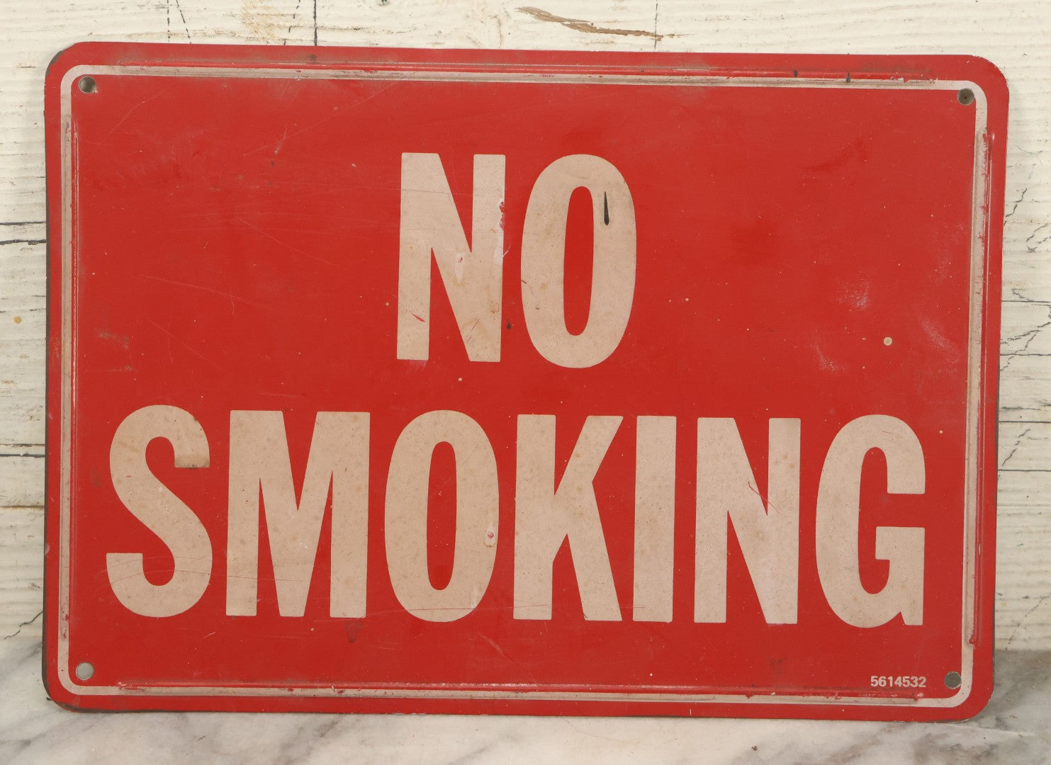 Lot 035 - Vintage Tin Tacker No Smoking Sign, Red, Marked 5614532, 7" x 10"