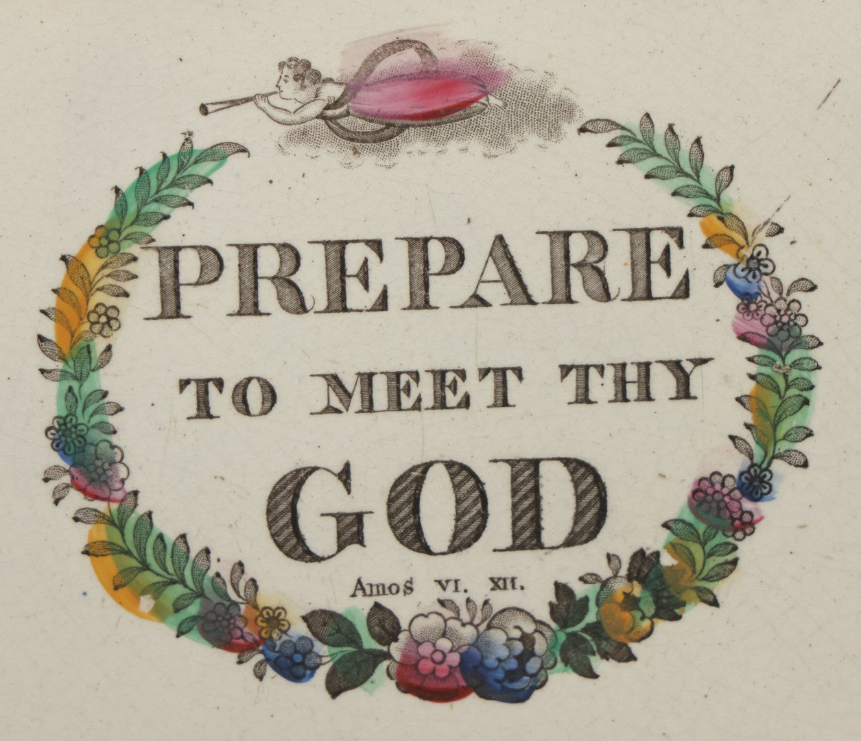 Lot 037 - Antique Lusterware Sunderland English Religious Decorative Wall Hanging Plate With Holes For Ribbon, "Prepare To Meet Thy God" (Amos 4:12)